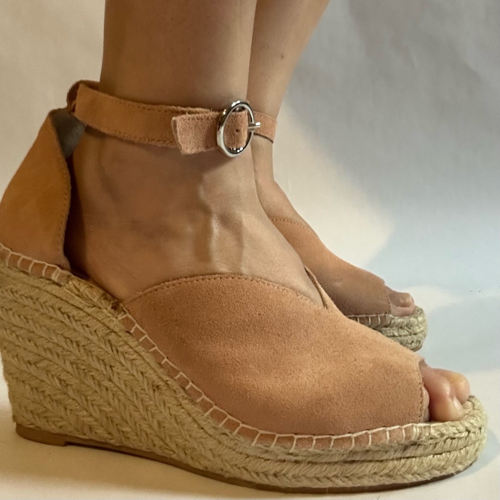 Seychelles Floral Espadrille Wedge Sandals Tan Suede Leather Peep Toe Heels Sz 9 - Picture 12 of 12